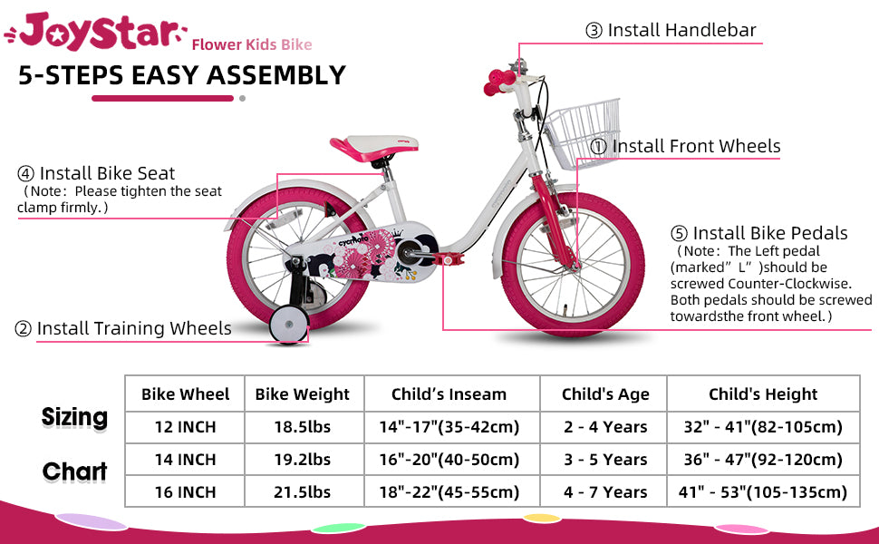 Joystar Girls Bike for Toddlers and Kids Ages 2 to 7 Years Old 12 14 16 Inch Kids Bike with Training Wheels Handbrake and Basket