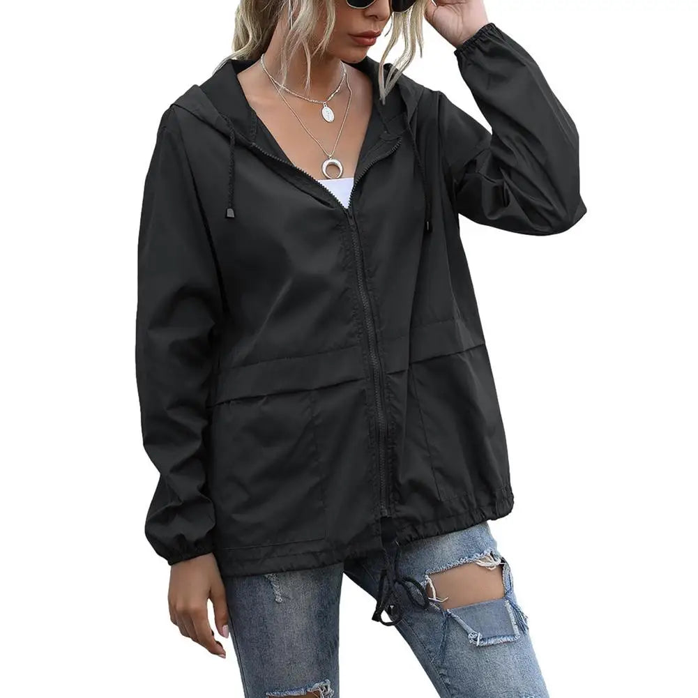 Women Rain Jacket Outdoor Running Hooded Windproof Short Raincoat