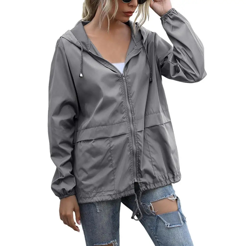 Women Rain Jacket Outdoor Running Hooded Windproof Short Raincoat