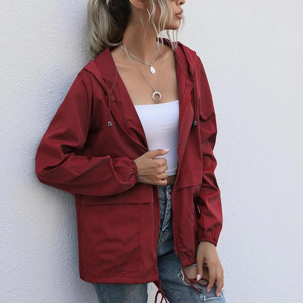 Women Rain Jacket Outdoor Running Hooded Windproof Short Raincoat