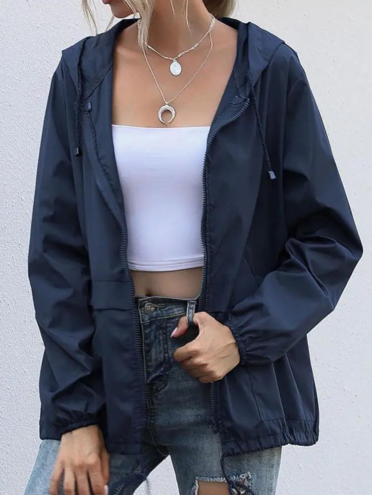Women Rain Jacket Outdoor Running Hooded Windproof Short Raincoat