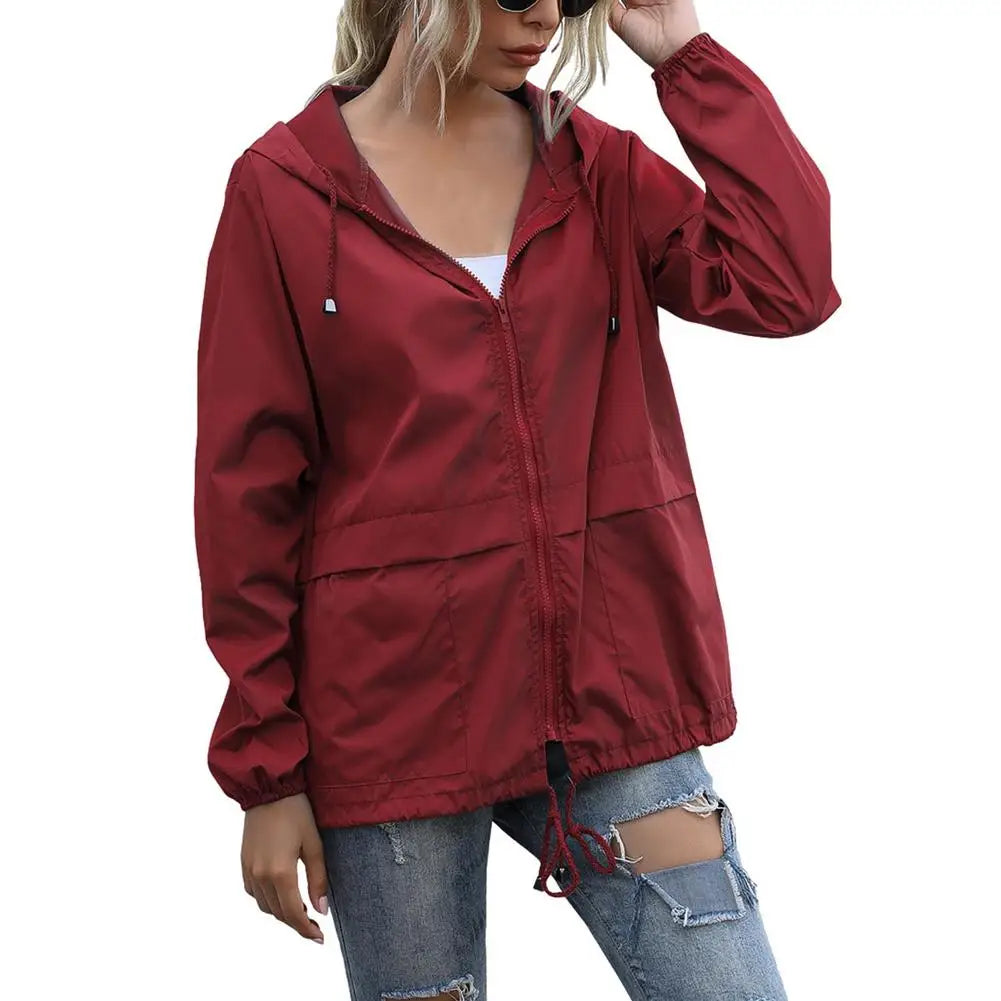 Women Rain Jacket Outdoor Running Hooded Windproof Short Raincoat