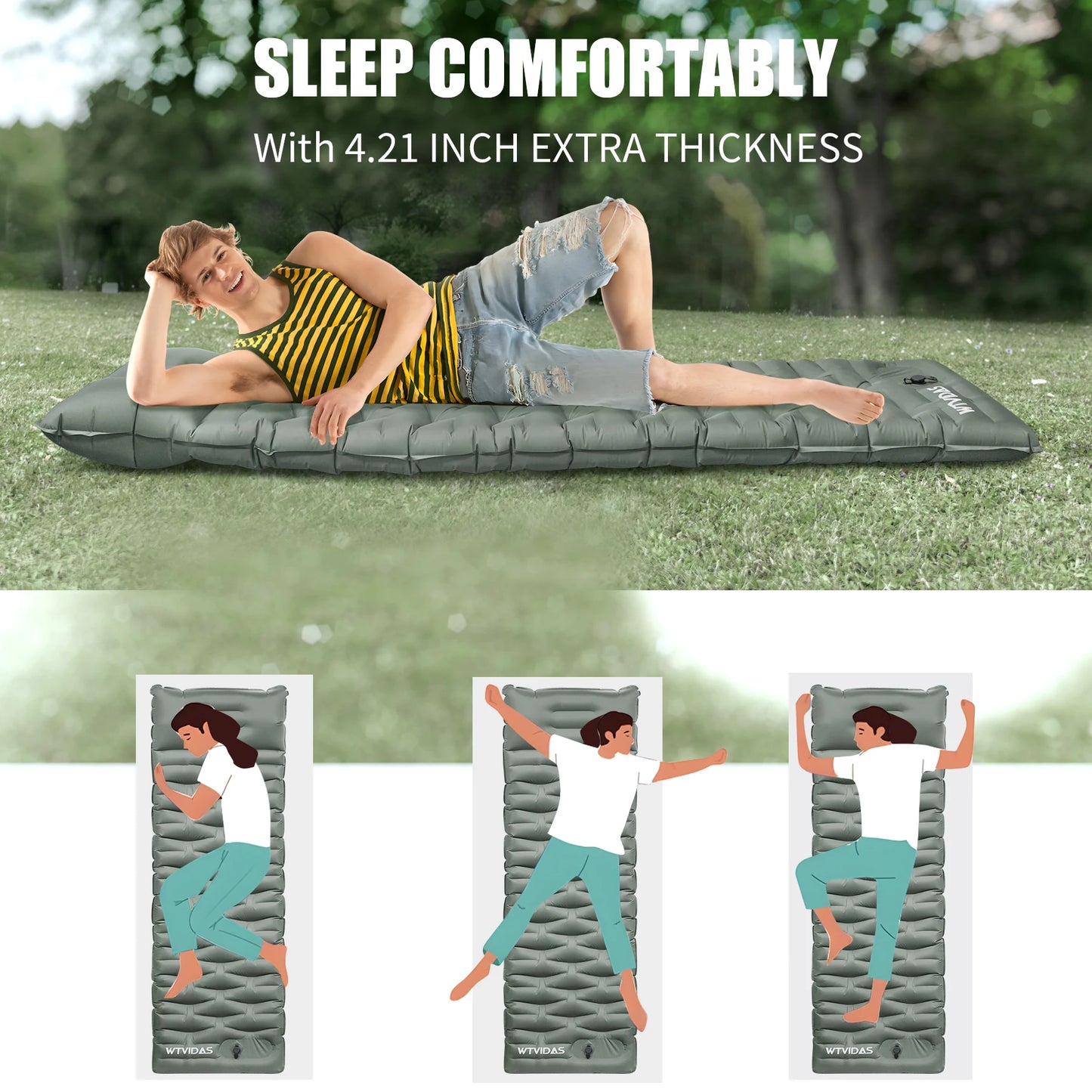 WTVIDAS Oversized Camping Sleeping Pad 4.2 Inch Thick Ultralight Inflatable Mattress with Built In Pump and Pillow for Hiking and Backpacking