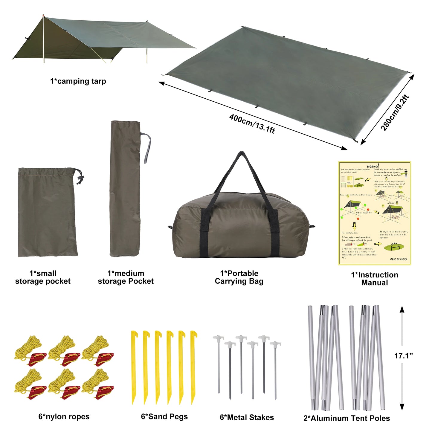 Waterproof Camping Tent Tarp Awning Sun Shelter Outdoor Hammock Tent Tarp 13.1 X 9.2 Feet