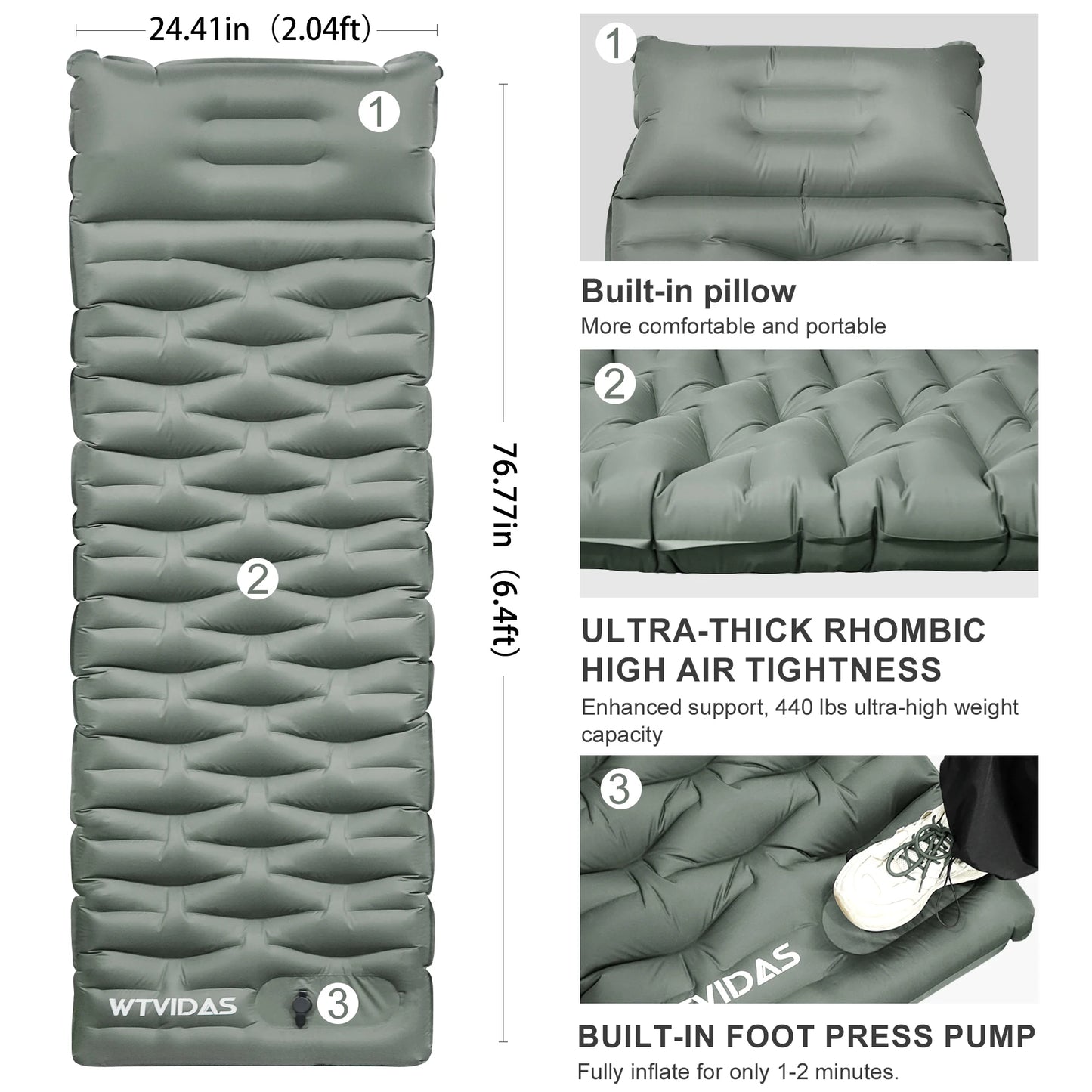WTVIDAS Oversized Camping Sleeping Pad 4.2 Inch Thick Ultralight Inflatable Mattress with Built In Pump and Pillow for Hiking and Backpacking