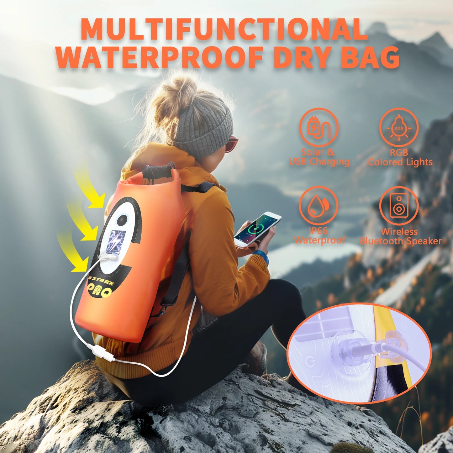 SELORSS Solar Battery Powered Waterproof Hiking Camping Backpack Outdoor Climbing Sport Bag with Bluetooth Speaker Large Capacity
