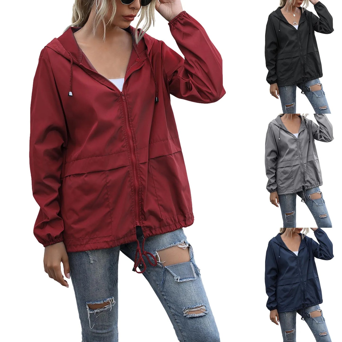 Women Rain Jacket Outdoor Running Hooded Windproof Short Raincoat