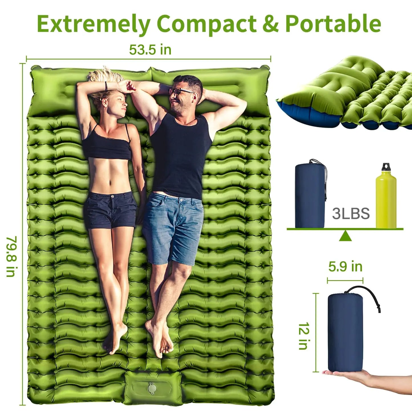 WestTune Double Sleeping Pad 4 Inch Thick for 2 Person with Built-in Pillow and Foot Pump Inflatable Mattress for Backpacking and Hiking
