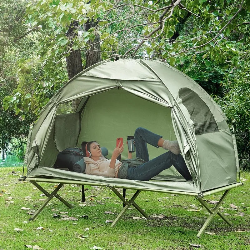 Outsunny Single Person Camping Tent Cot Folding Cot Combo Off Ground Tent Covered Outdoor Bed with Carry Bag for Hiking