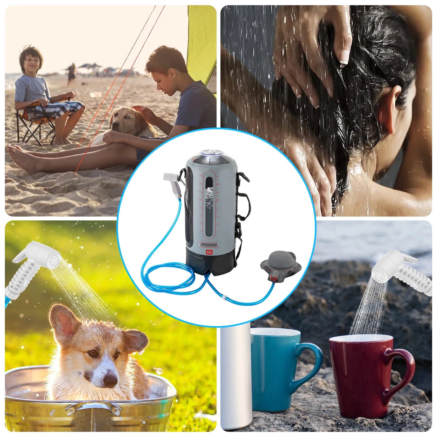 12L Portable Garden Shower with Pump Removable Pressure Camp Shower for Outdoor Travel Hiking and Washing Kits