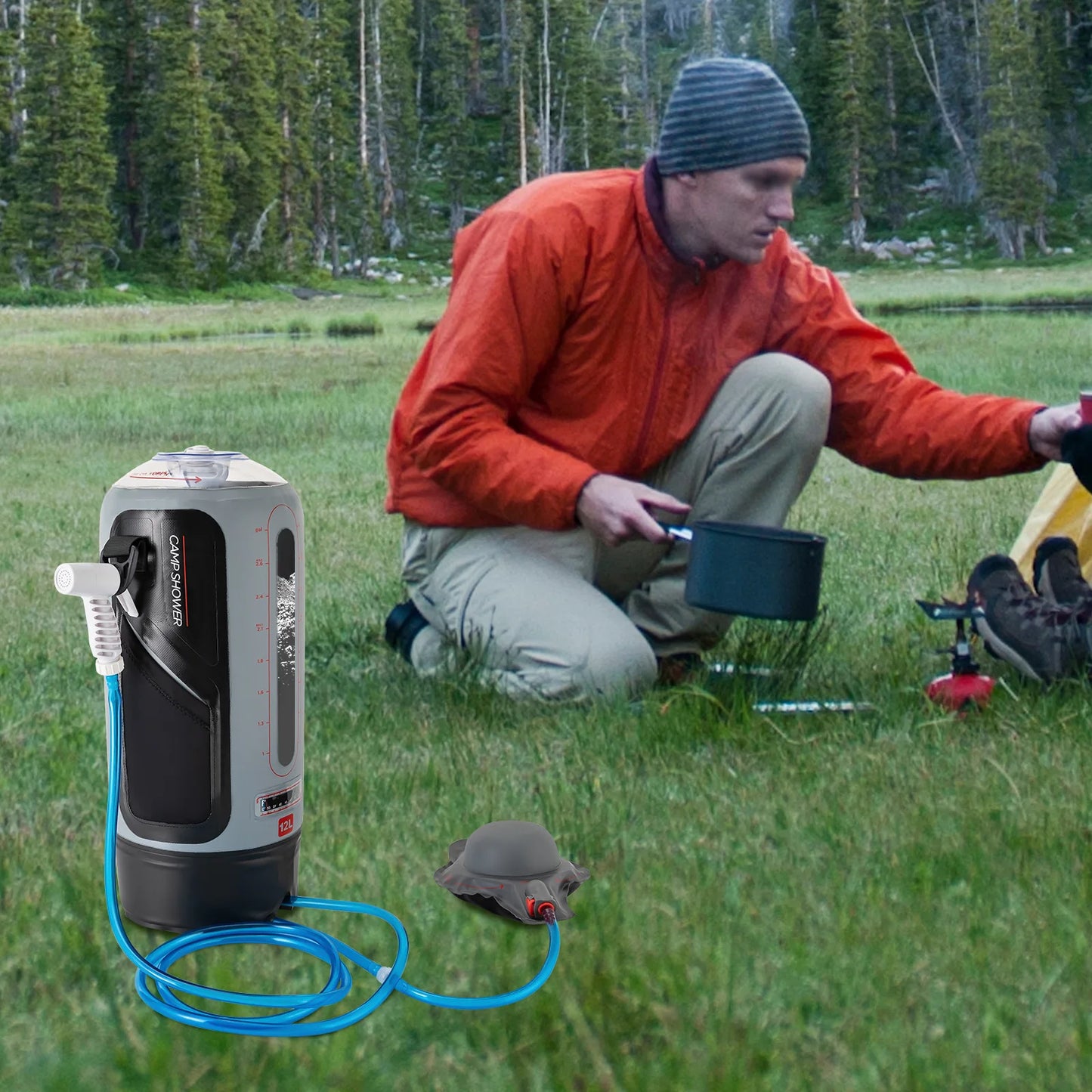 12L Portable Garden Shower with Pump Removable Pressure Camp Shower for Outdoor Travel Hiking and Washing Kits