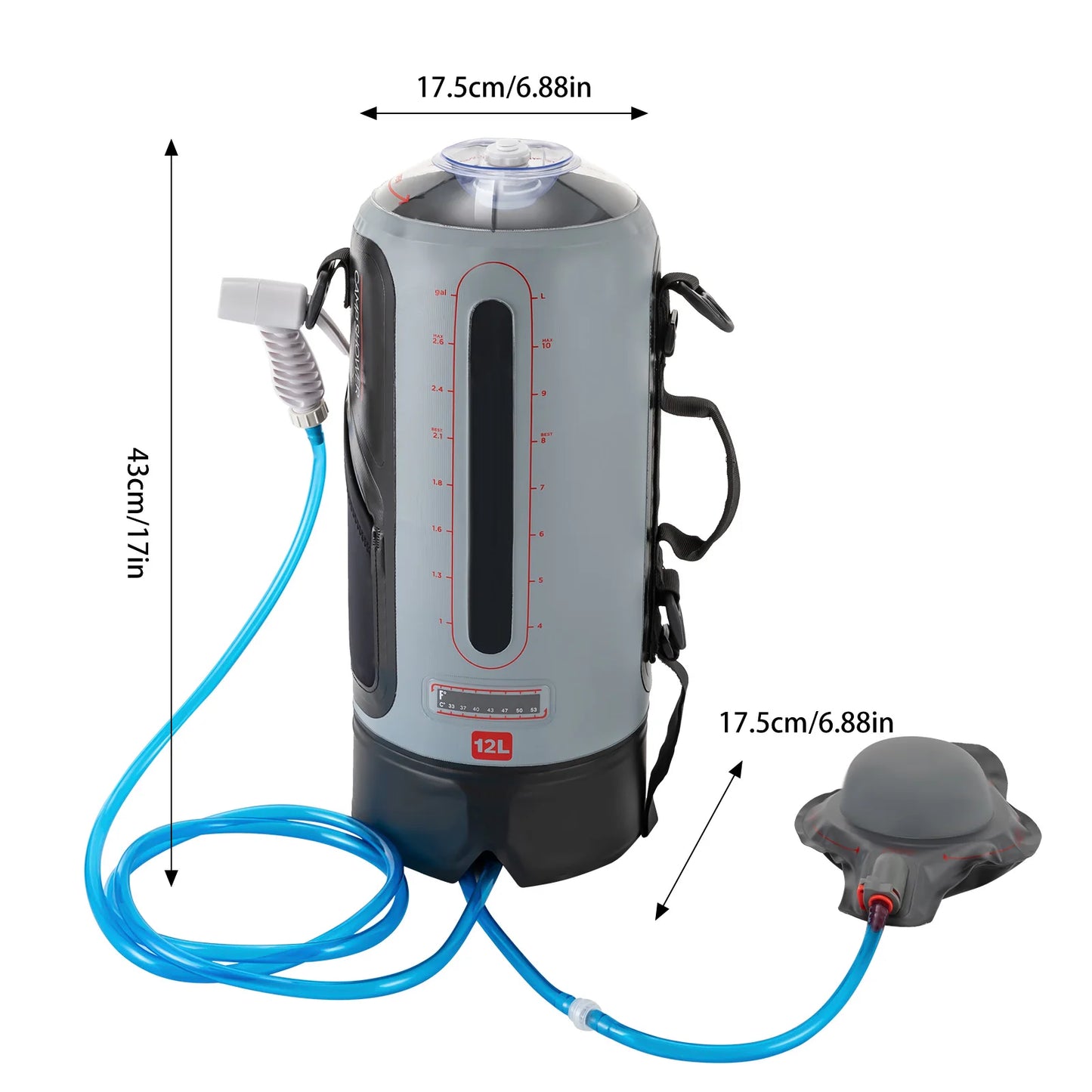 12L Portable Garden Shower with Pump Removable Pressure Camp Shower for Outdoor Travel Hiking and Washing Kits