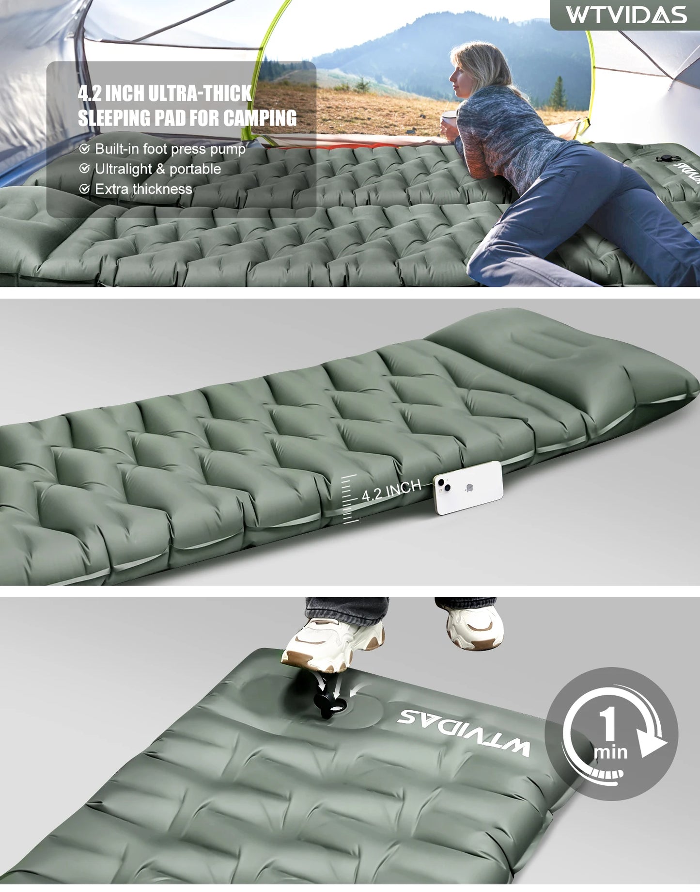 WTVIDAS Oversized Camping Sleeping Pad 4.2 Inch Thick Ultralight Inflatable Mattress with Built In Pump and Pillow for Hiking and Backpacking
