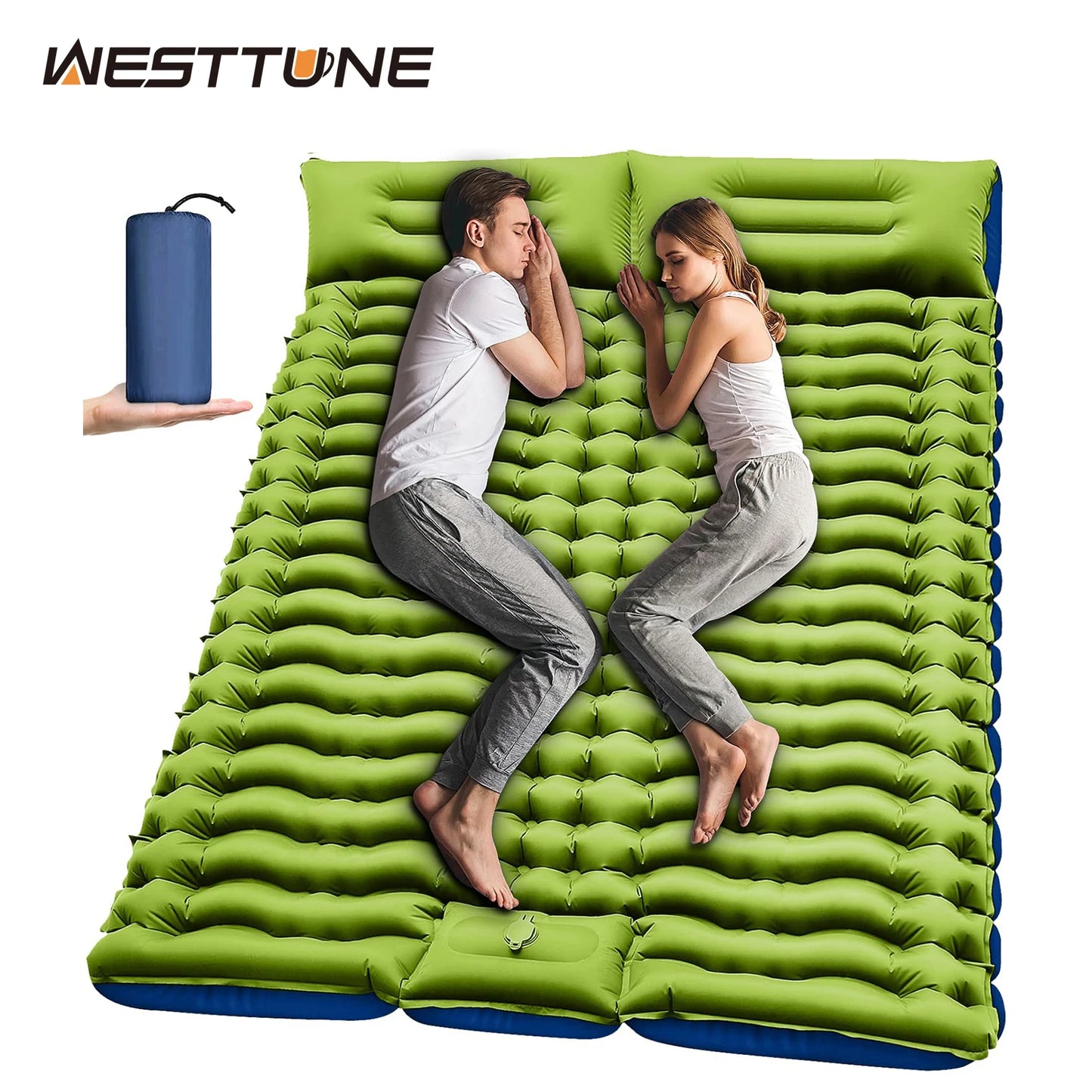 WestTune Double Sleeping Pad 4 Inch Thick for 2 Person with Built-in Pillow and Foot Pump Inflatable Mattress for Backpacking and Hiking