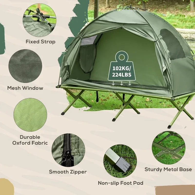 Outsunny Single Person Camping Tent Cot Folding Cot Combo Off Ground Tent Covered Outdoor Bed with Carry Bag for Hiking