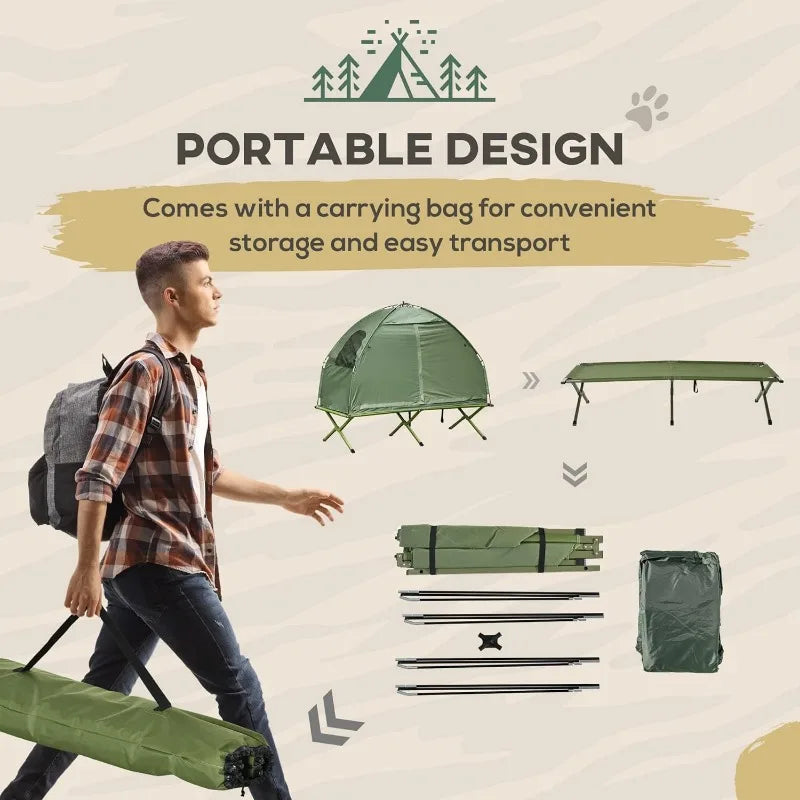 Outsunny Single Person Camping Tent Cot Folding Cot Combo Off Ground Tent Covered Outdoor Bed with Carry Bag for Hiking