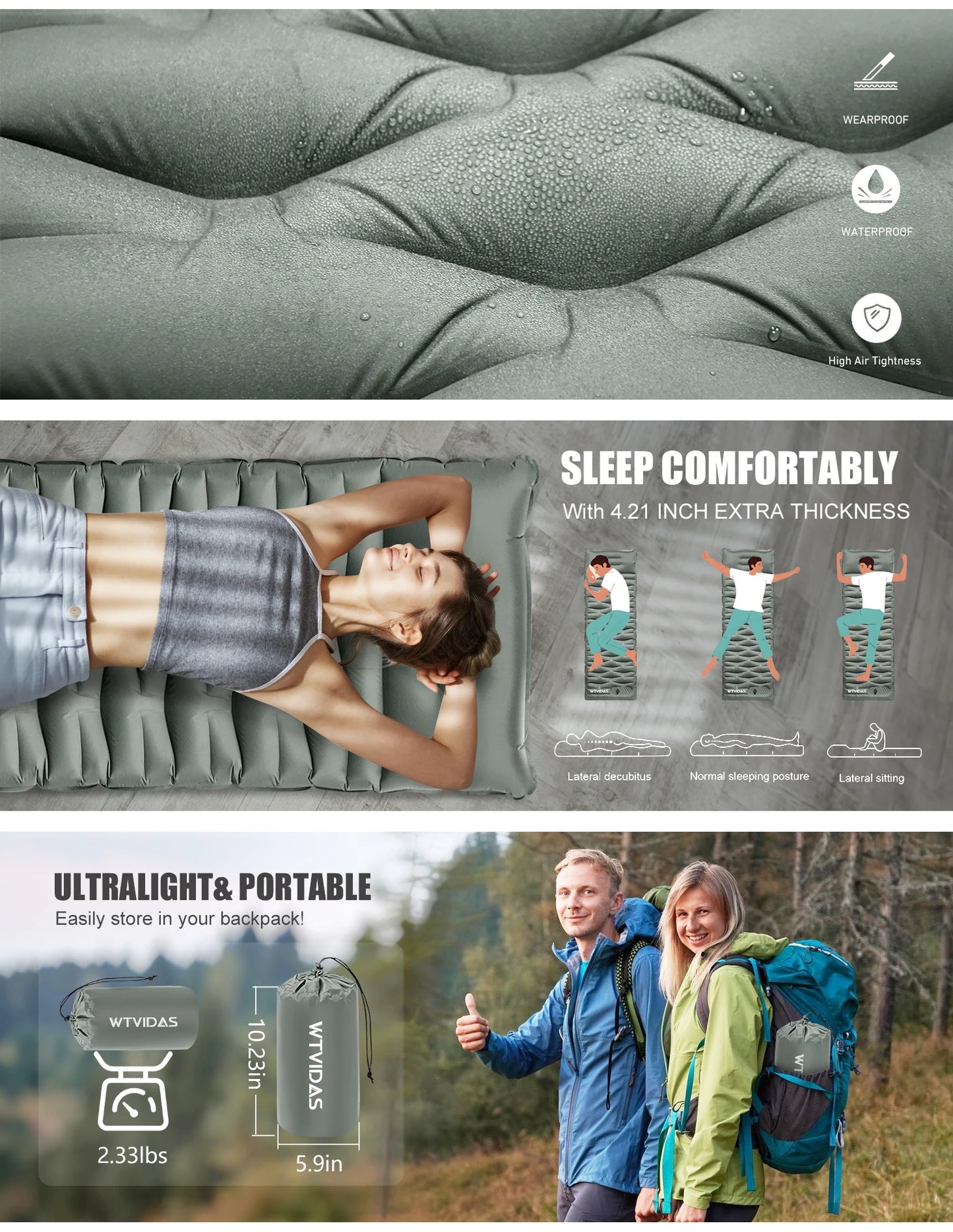 WTVIDAS Oversized Camping Sleeping Pad 4.2 Inch Thick Ultralight Inflatable Mattress with Built In Pump and Pillow for Hiking and Backpacking