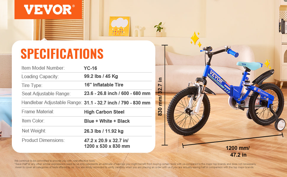 VEVOR Folding Toddler Balance Bike 16 Inch High Carbon Steel Portable Bicycle Gift for Boys and Girls Age 5 to 8 Years 99 Pounds Support
