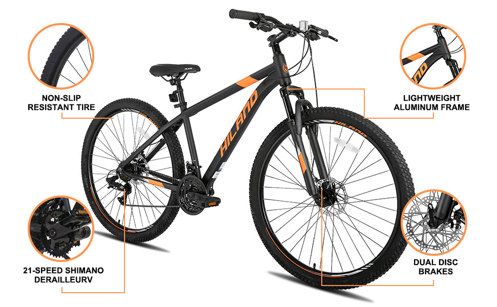 HILAND 29 Inch Mountain Bike with 21 Speed Aluminum Frame Shimano Gearbox Disc Brake Suspension Fork Black Blue