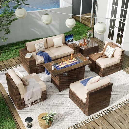Patio Furniture Set With Fire Pit Table And Wicker Parlor