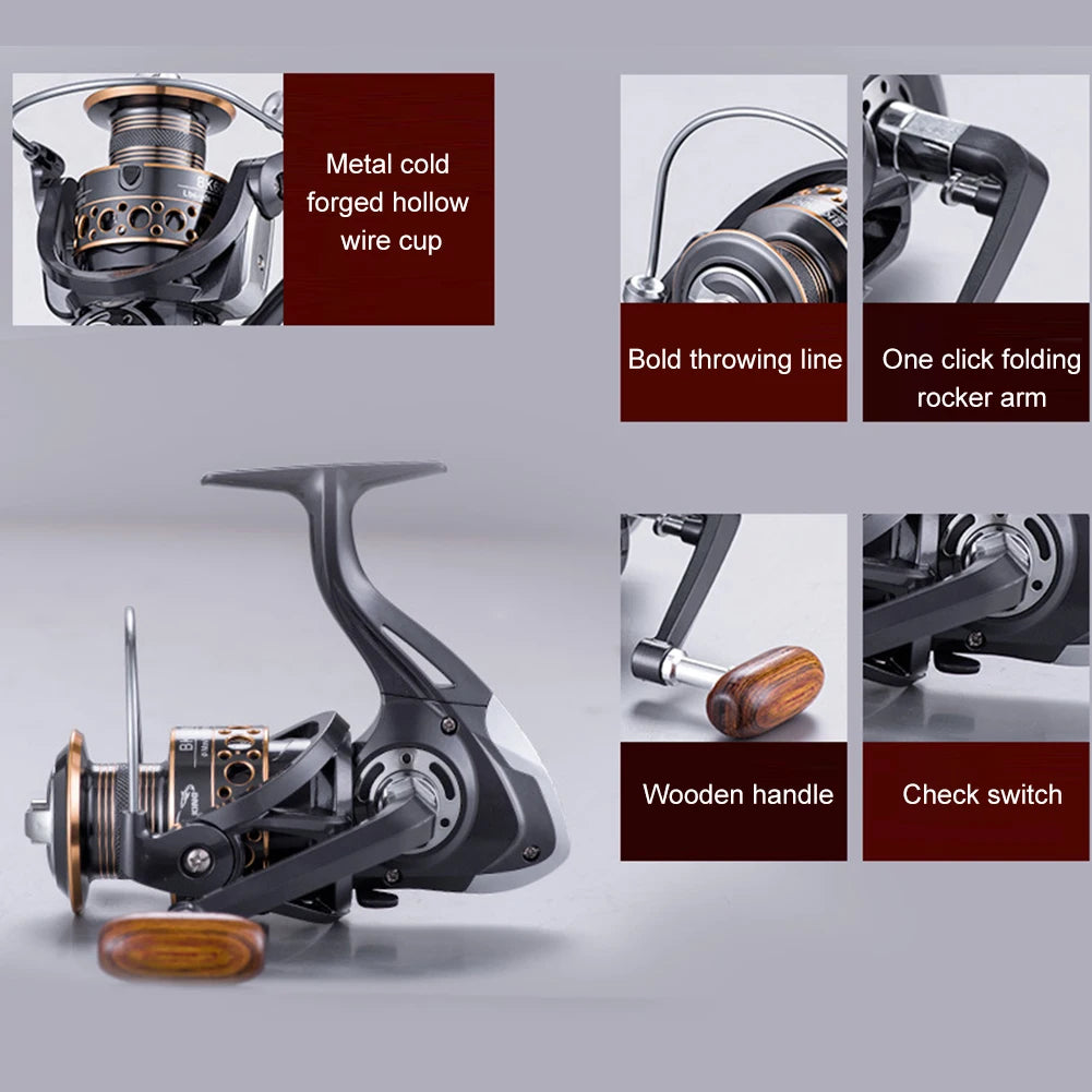 Spinning Fishing Reel With Wood Handle For Saltwater And Freshwater