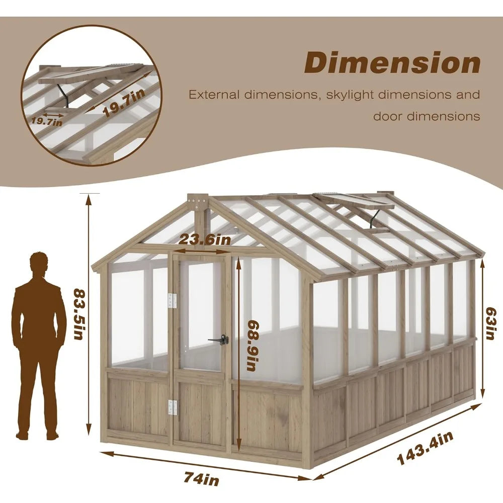 6x12FT Greenhouses for Outdoors, Wooden Cedar Frame Greenhouse