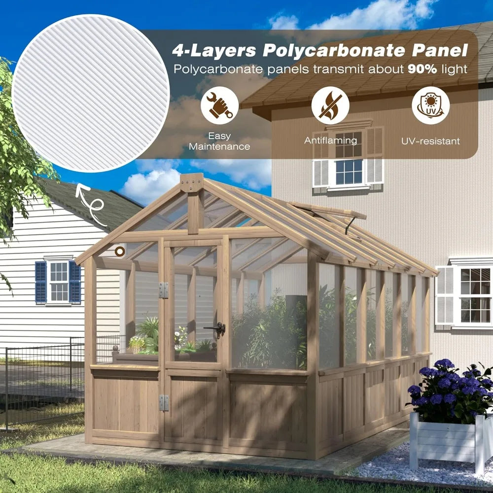 6x12FT Greenhouses for Outdoors, Wooden Cedar Frame Greenhouse