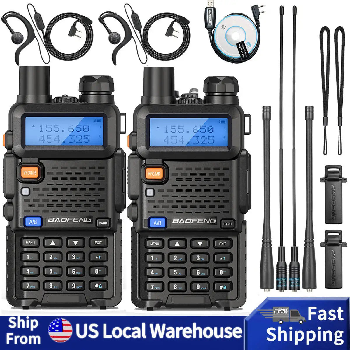 2PCS BAOFENG UV-5R Walkie Talkie Dual Band Long Range Radio