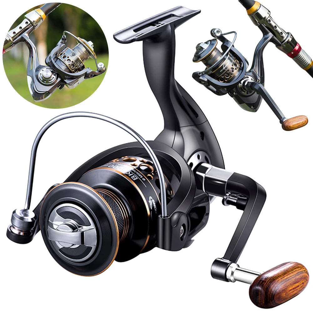Spinning Fishing Reel With Wood Handle For Saltwater And Freshwater