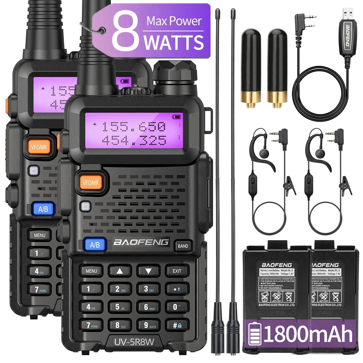 2PCS BAOFENG UV-5R Walkie Talkie Dual Band Long Range Radio