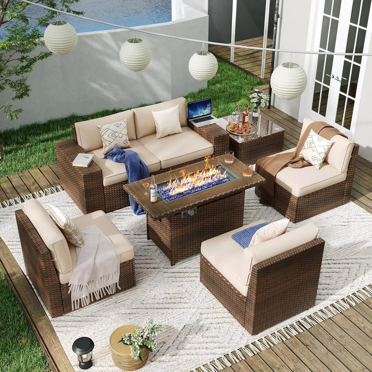 Patio Furniture Set With Fire Pit Table And Wicker Parlor