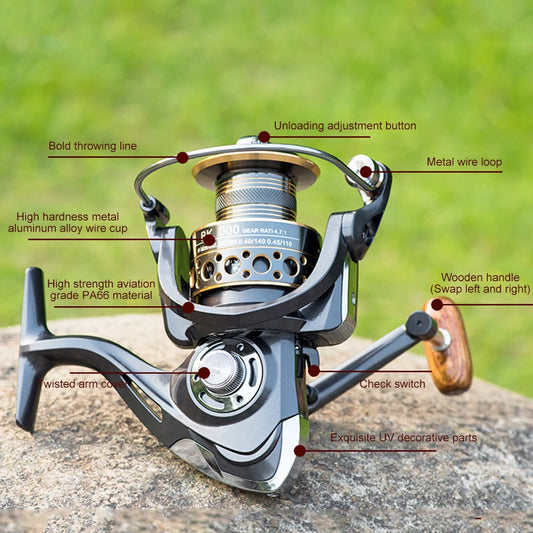 Spinning Fishing Reel With Wood Handle For Saltwater And Freshwater