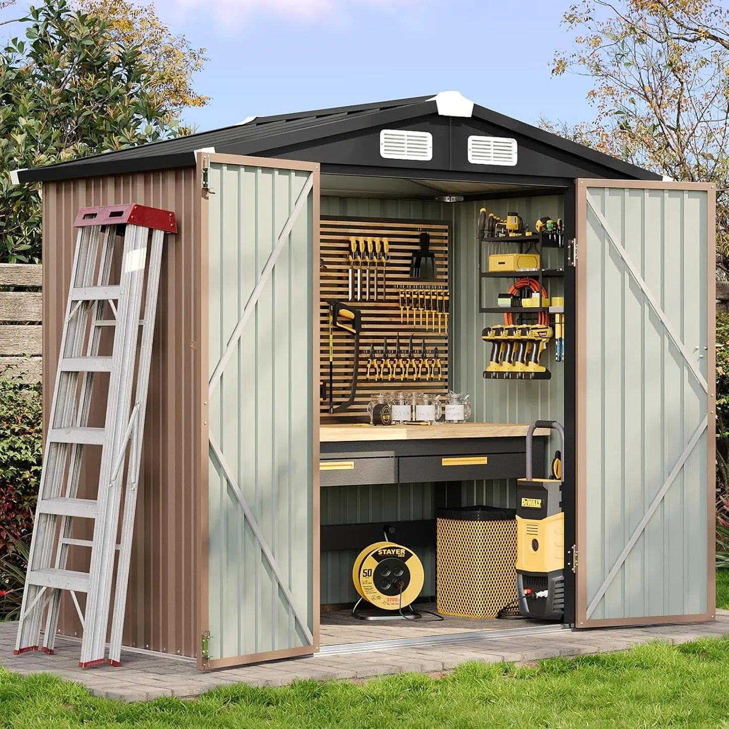 Metal Garden Tool Shed With Lockable Doors For Backyard